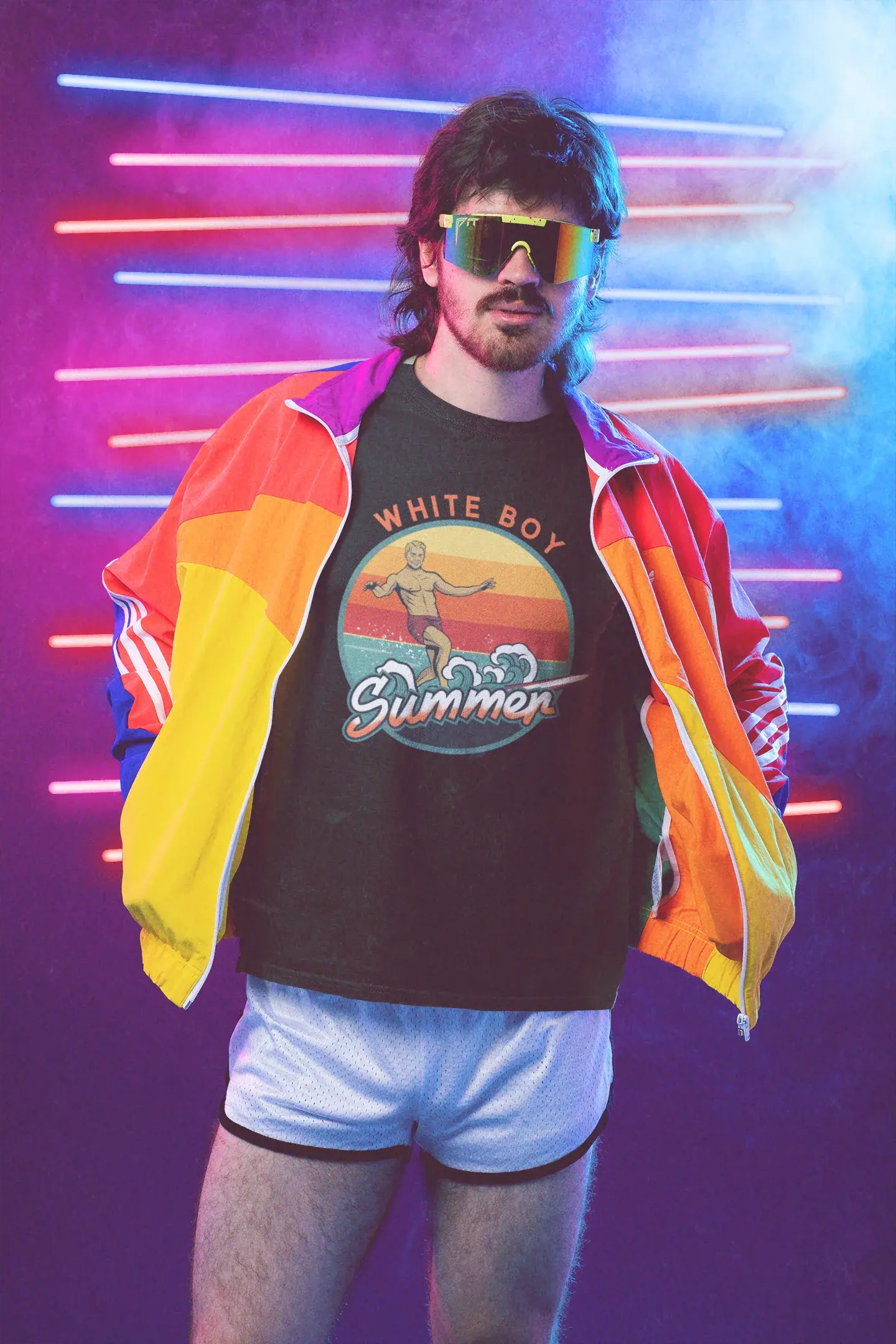 80s themed t shirt mockup of a man with a mullet wearing activewear m11218