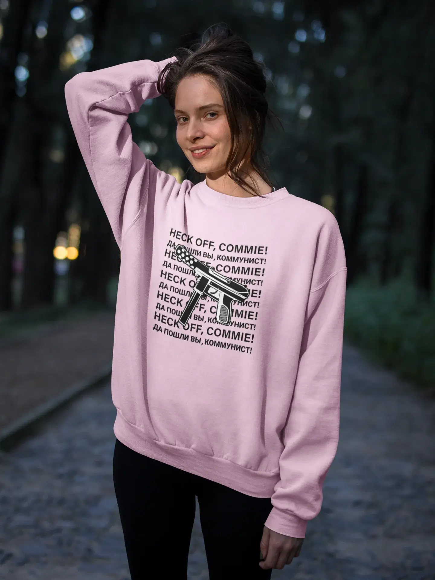 beautiful happy woman wearing a crew neck sweatshirt template in the forest a17917