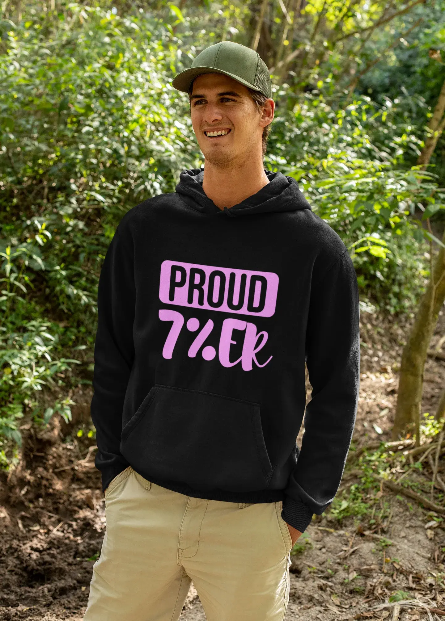 mockup of a happy man wearing a hoodie in the woods 32227
