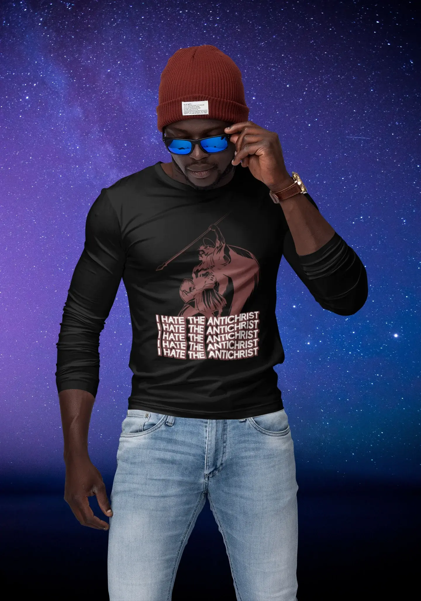 mockup of a man with sunglasses and a customizable long sleeve tee at a studio 1809 el1 black tee