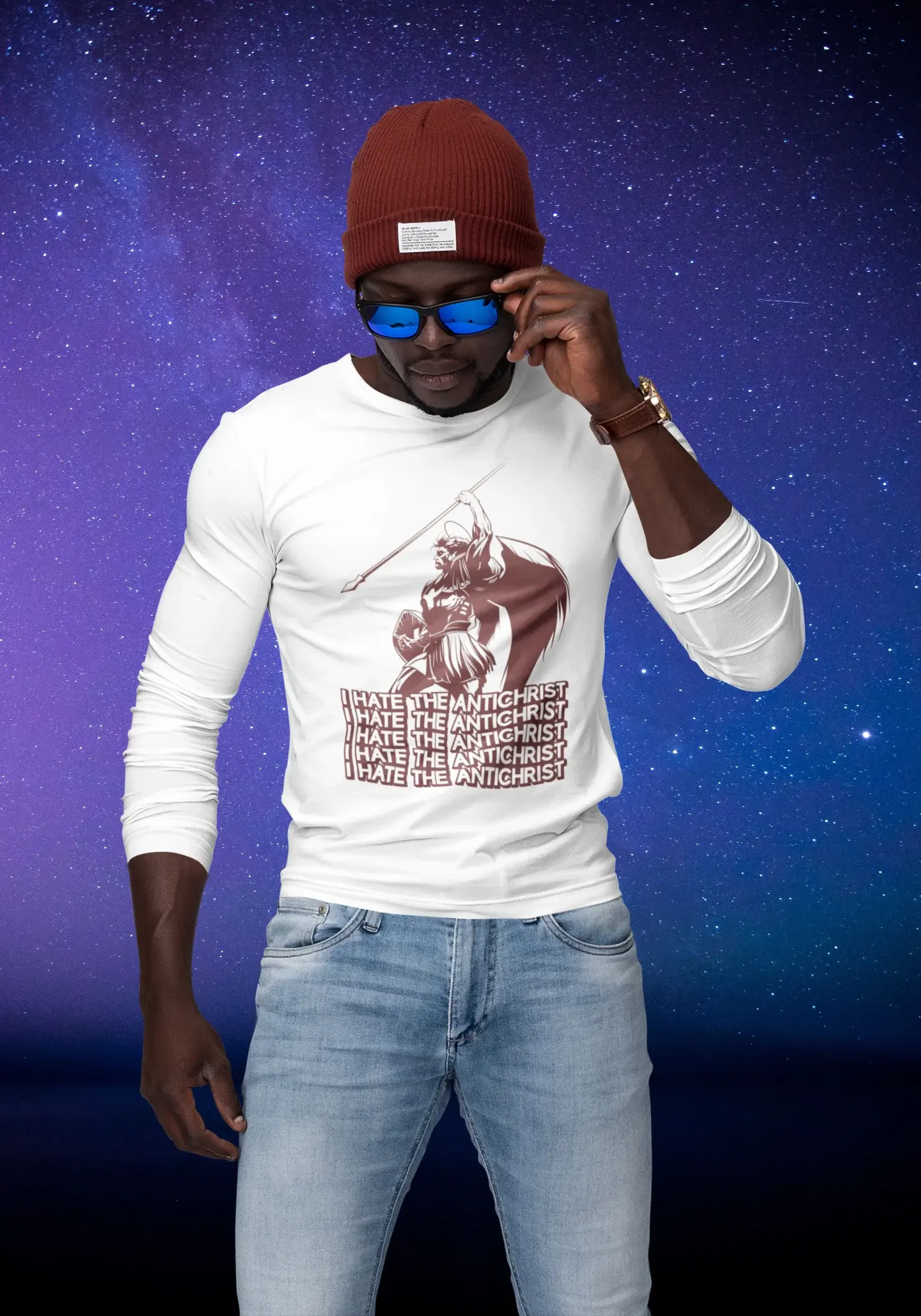 mockup of a man with sunglasses and a customizable long sleeve tee at a studio 1809 el1