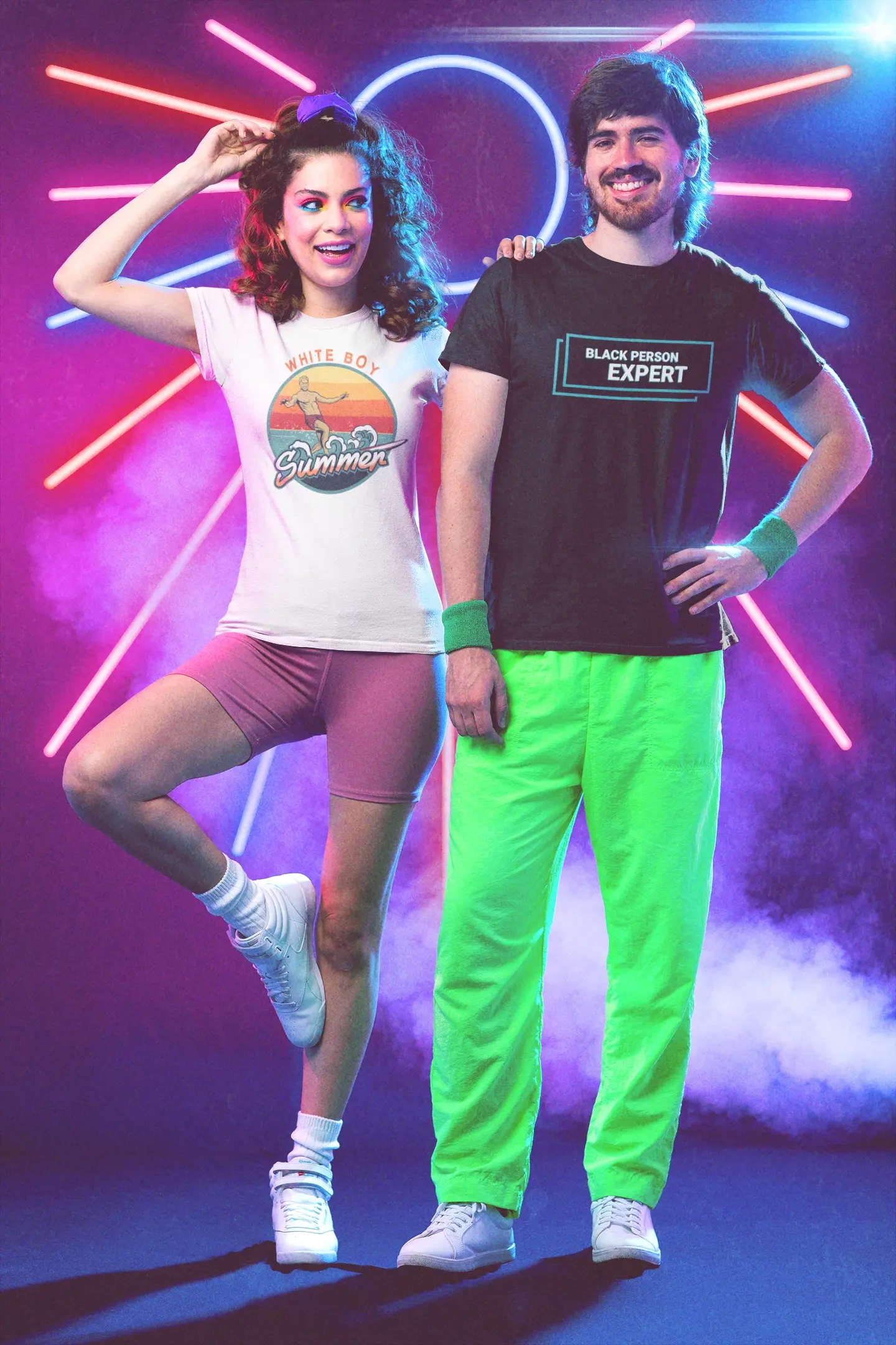 t shirt mockup of a couple wearing 80s styled activewear m11221