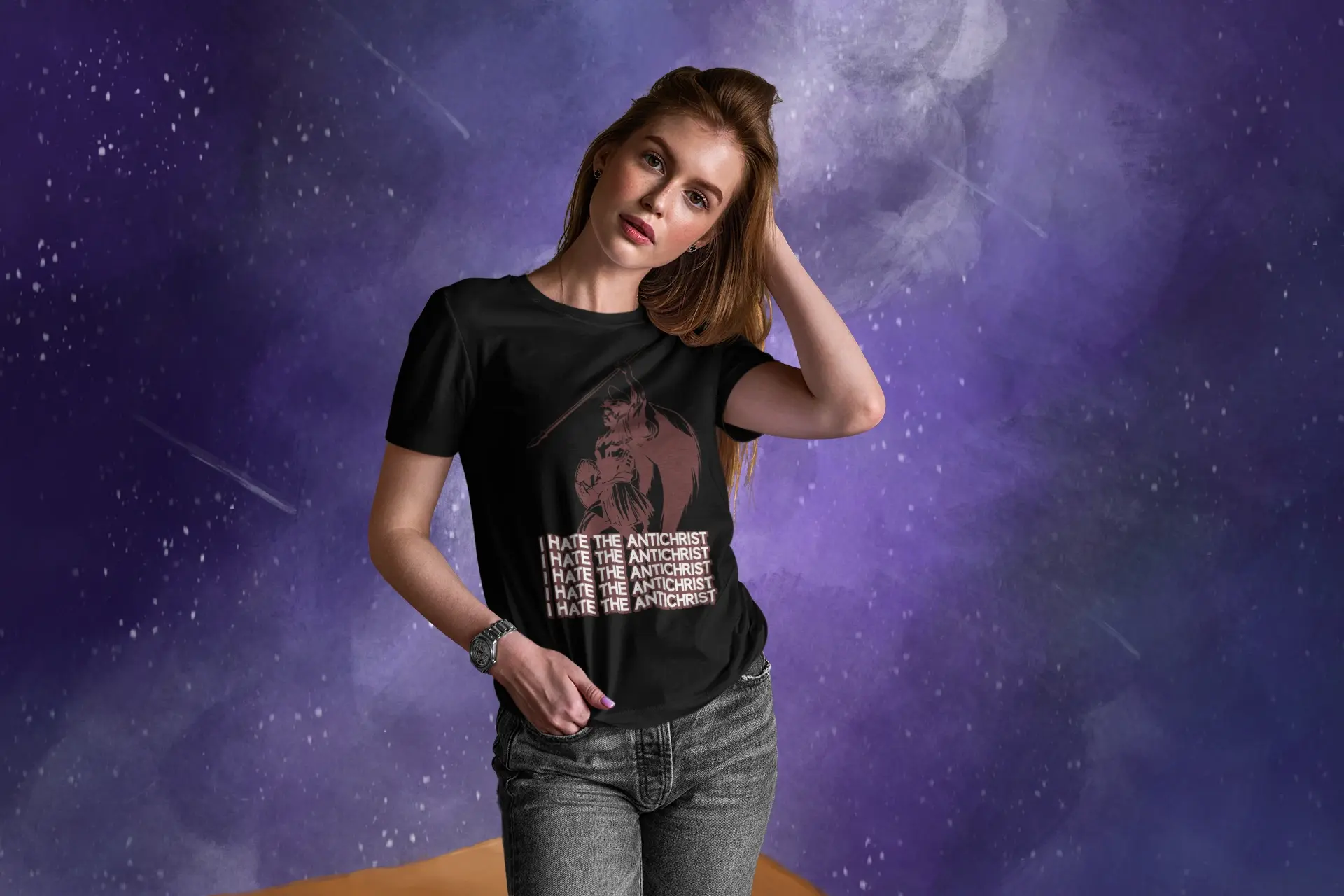 transparent mockup of a woman wearing a t shirt in a small boutique purple