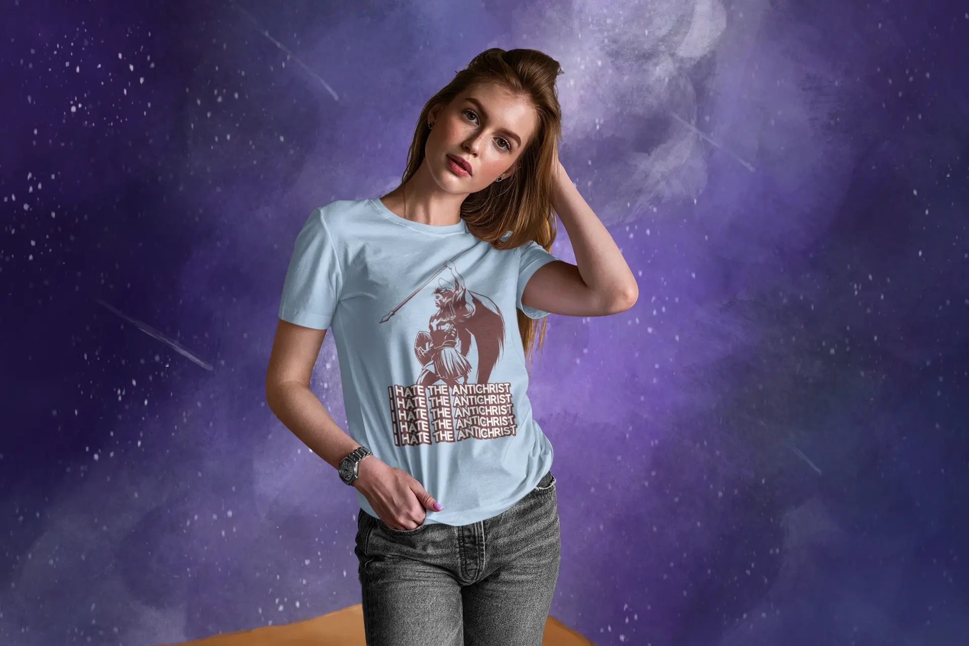 transparent mockup of a woman wearing a t shirt in a small boutique